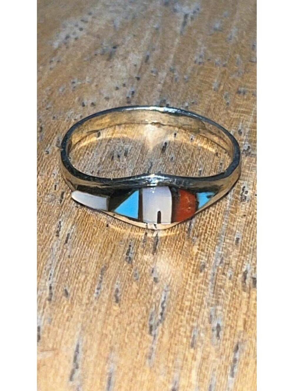 Zuni sterling silver turquoise coral inlay traditional ring size 8